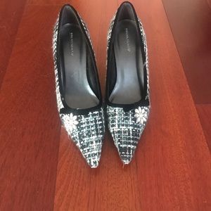 Wool heels with rhinestone flower. Size 7